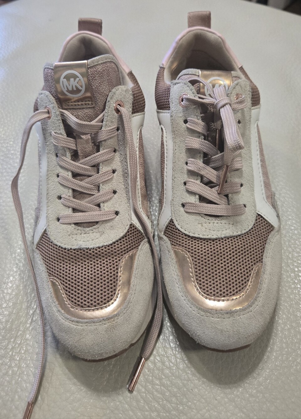 Michael Kors Women's Size 7 Wilma Suede and Logo Trainer Soft rose gold Pink